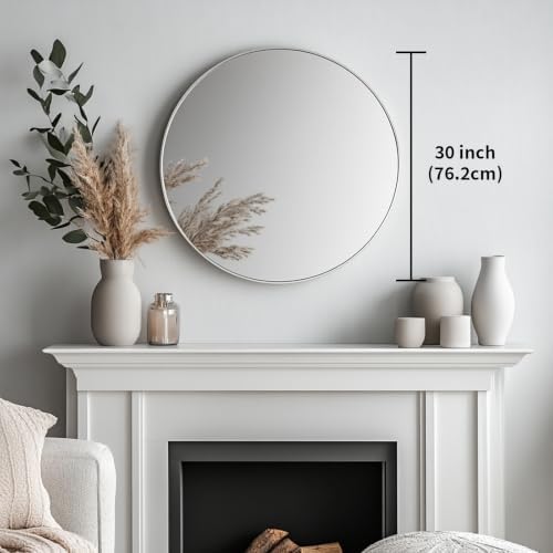 Oruii Large Round Mirror, 30 inch Silver Circle Mirror, Silver Metal Frame