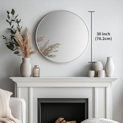 Oruii Large Round Mirror, 30 inch Silver Circle Mirror, Silver Metal Frame