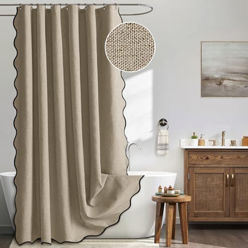 MIULEE Khaki Scalloped Linen Shower Curtain 72x72 Inches