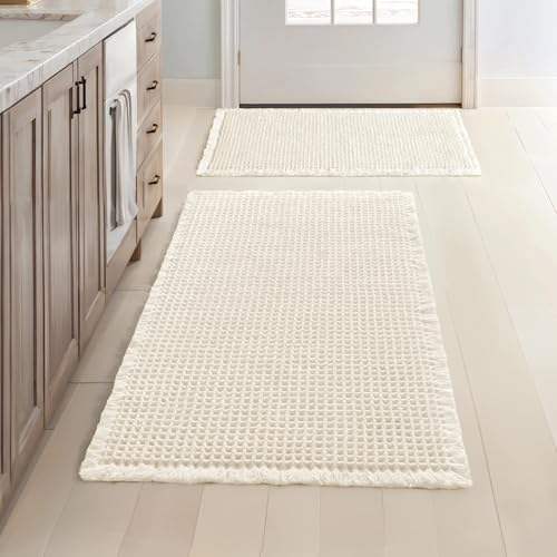 MIULEE Set of 2 Waffle Bathroom Rugs Cream White Bath Mat 17"x24"+20"x32"