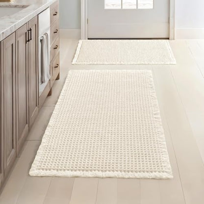 MIULEE Set of 2 Waffle Bathroom Rugs Cream White Bath Mat 17"x24"+20"x32"