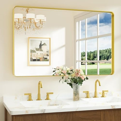 Keonjinn 48 x 30 Inch Brushed Gold Bathroom Vanity Mirror, Aluminum Frame