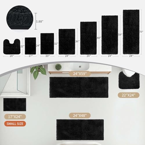Disolla Black Bathrom Runner Rug 24x70 - Extra Large Soft Plush Bath Mat, Thick Long Non-Slip Shaggy Floor Mat, Ultra-Absorbent for Master Bathroom Vanity