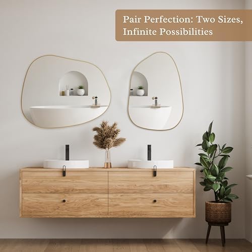PERFNIQUE Irregular Asymmetrical Wall Mirror, 32"x24" Gold Bathroom Mirror