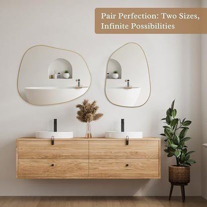 PERFNIQUE Irregular Asymmetrical Wall Mirror, 32"x24" Gold Bathroom Mirror
