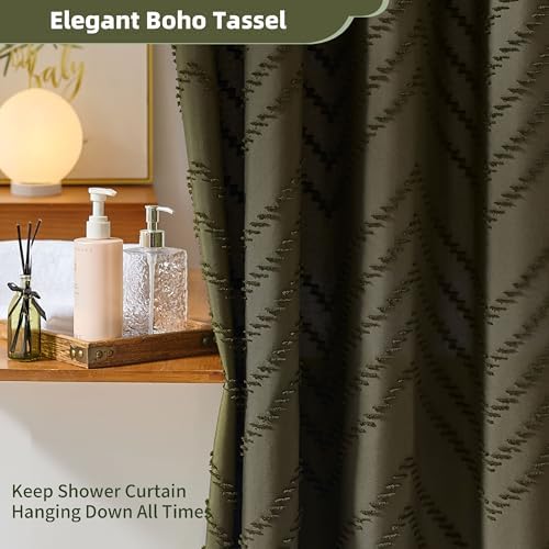 Siiluminisoy Boho Shower Curtain with Tassel Woven Fabric Olive Green Shower Curtain 72 x 72 Modern Farmhouse Textured Tufted Chevron Striped Minimalist Bathroom Shower Curtains