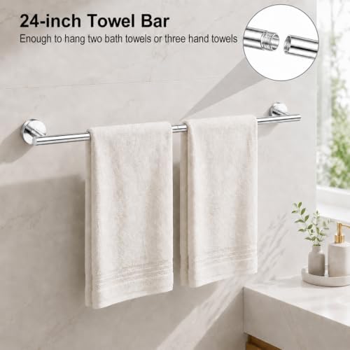 Polished Chrome Bathroom Accessories Set, 7 Pieces Towel Bar Bathroom Hardware Set, 24 Inch Towel Racks for Bathroom, SUS304 Stainless Steel Bathroom Towel Holder Toilet Paper Holder Wall Mounted