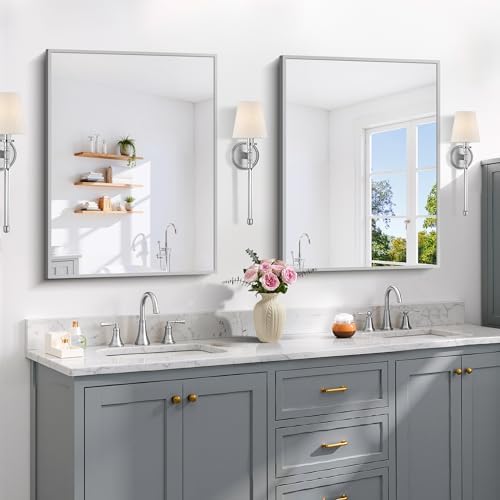 COFENY Silver Bathroom Mirror for Wall, 24x32 Inch Rectangle with Metal Frame, Modern Vanity for Bathroom Living Room, Entryway Hangs Horizontal or Vertical