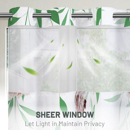 WITHLOC No Hook Floral Shower Curtain with Liner, Green Pink, 71x74