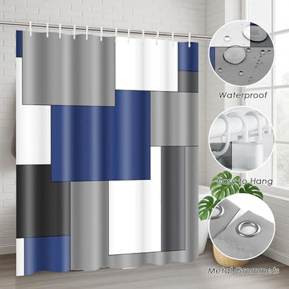 Bathroom Sets with Shower Curtain and Rugs, 4 Pcs, Geometric Navy