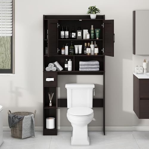 Vabches Over The Toilet Storage Cabinet with 2 Barn Doors, Espresso