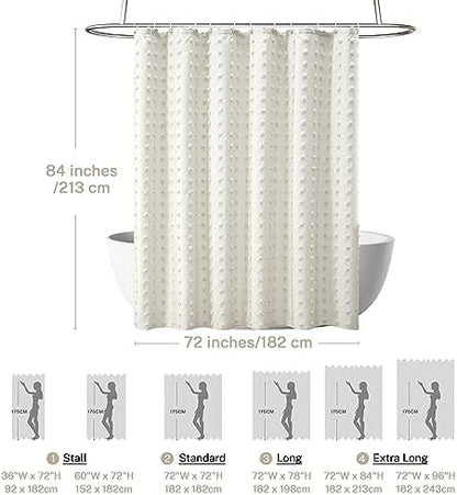 Extra Long Boho Farmhouse Cream Shower Curtain Woven Fabric 84 Inch Ivory Shower Curtain, 72 x 84 Tufted Pleat Floral Puffs Textured Modern Minimalist Ivory Shower Curtain Set with Hooks for Bathroom