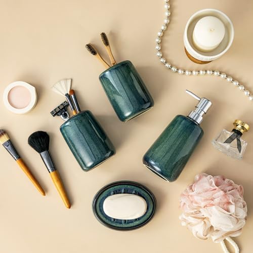 vancasso Green Bathroom Accessories Set, Ceramic Soap Dispenser and Toothbrush Holder Sets, Stoneware 4 Pcs Bathroom Sink Set for Modern Home Decor, Series Starry