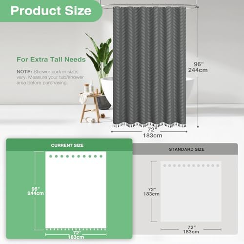 Dynamene Extra Long Boho Shower Curtain Tufted Chevron 72x96 Charcoal Grey