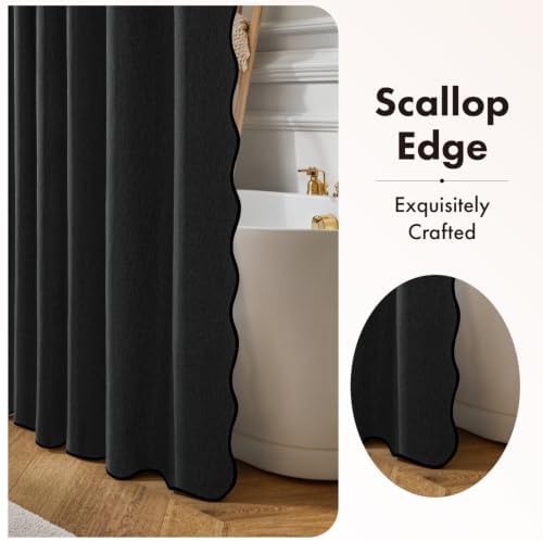 ANRODUO Black Scalloped Linen Textured Shower Curtain, W72 x L96