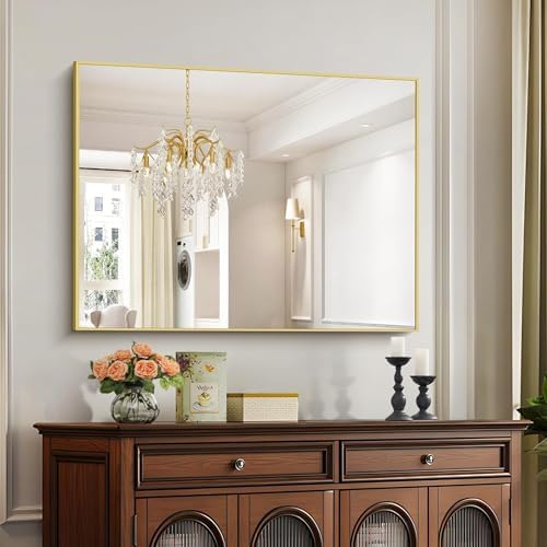 COFENY 30x40In Gold Bathroom Mirror for Wall, Brushed Gold Rectangle Mirrors with Metal Frame, Bathroom Rectangular Mirror Modern Wall Mirror for Bedroom Living Room, Hangs Horizontal or Vertical