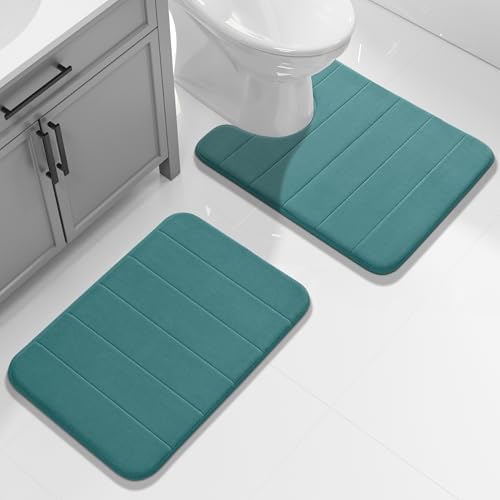 Yimobra Memory Foam Toilet Bath Mat U-Shaped, Soft and Comfortable, Water Absorption, Non-Slip, Thick, Machine Wash, Easier to Dry for Bathroom Commode Contour Rug, 24 X 20 Inch, Teal