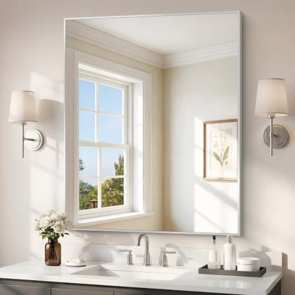 COFENY Silver Bathroom Mirror for Wall, 30x36 Inch Rectangle with Metal Frame, Modern Vanity for Bathroom Living Room, Entryway Hangs Horizontal or Vertical