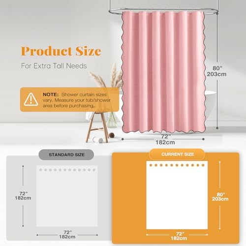 BTTN 72x80 Boho Scalloped Linen Textured Cloth Shower Curtain Set, Pink