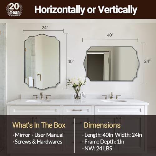 ANDY STAR 24x40 Inch Brushed Nickel Mirror, Unique Rectangle Bathroom Mirror, Large Decorative Mirror in Rust-Proof Stainless Steel 1" Frame, Modern Wavy Frame Design, Vertically/Horizontally