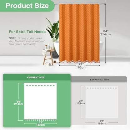 Dynamene Extra Long Boho Shower Curtain Tufted Chevron 72"x84" Burnt Orange