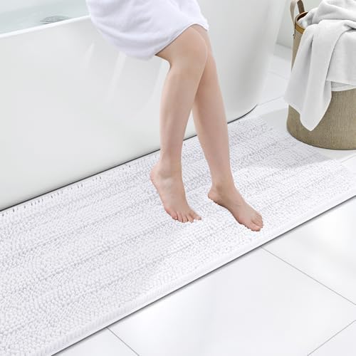 Grandaily Chenille Striped Bathroom Rugs 59x20, Extra Thick and Soft Absorbent Bath Mats, Rubber Backing, Plush Shaggy Shower Carpet, Machine Wash Dry, Bath Rug for Bathroom, Solid White