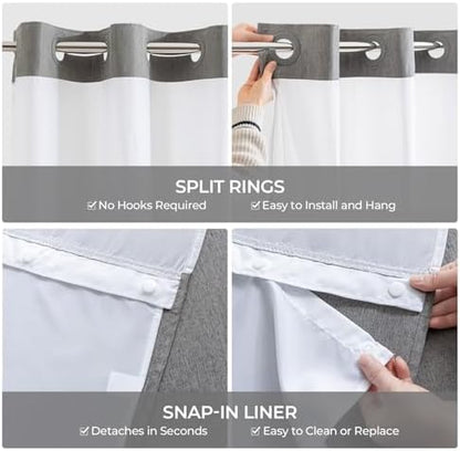 River Dream Linen Textured No Hooks Shower Curtain with Liner,Grey,71x86