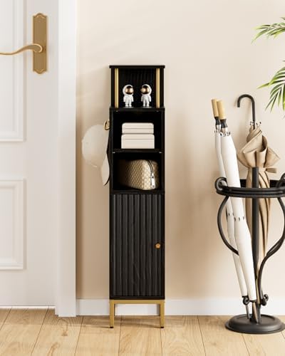Bathroom Storage Cabinet,Small Corner Floor Cabinet with 2 Hook,Narrow Tall Toilet Paper Cabinet with Adjustable Shelves,Bathroom Organizer for Living Room,Small Spaces (Wave, Black-37''H)