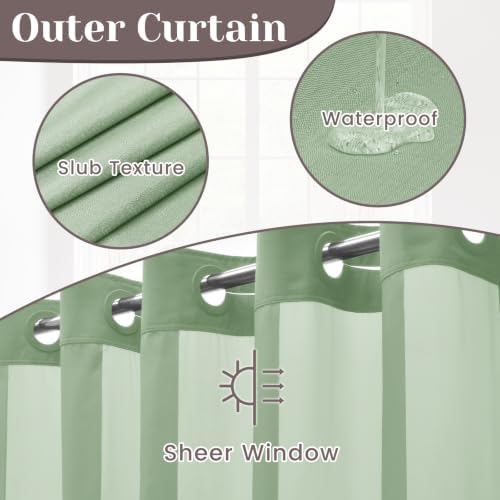 SORTTO No Hook Slub Shower Curtain with Liner, 71x74, Sage