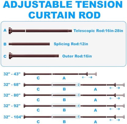 TEECK Shower Curtain Rod, 32-80 inch Adjustable Spring Tension Curtain Rod, Never Rust Anti-Slip Shower Curtain Rod for Bathroom, No Drilling, Never Collapse, Easy to Use, Brown