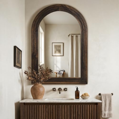 Arched Bathroom Mirror, 40"x28" Brown Wood Frame Wall Mirror