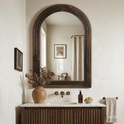 Arched Bathroom Mirror, 40"x28" Brown Wood Frame Wall Mirror