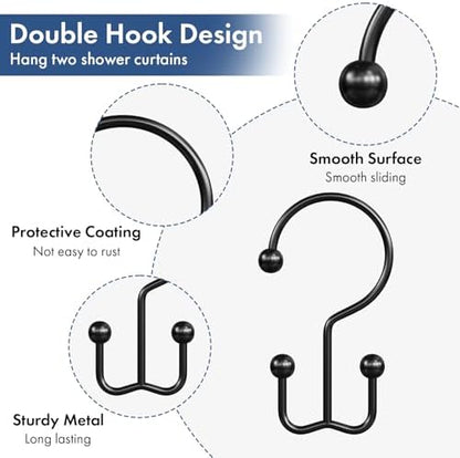Bathway Shower Curtain Hooks Matte Black Shower Curtain Rings, 12 Pcs Double Hook Shower Curtain Hooks Rings Shower Curtain Hangers Rust Proof, Metal Shower Hooks for Bathroom Shower Curtain Rod