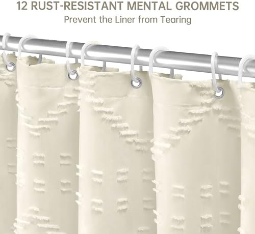 Siiluminisoy Extra Long Cream Boho Shower Curtain, 72 x 78 Tufted Chevron Textured Striped Modern Farmhouse Minimalist Woven Fabric for Bathroom