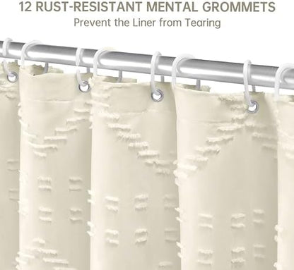 Siiluminisoy Extra Long Cream Boho Shower Curtain, 72 x 78 Tufted Chevron Textured Striped Modern Farmhouse Minimalist Woven Fabric for Bathroom