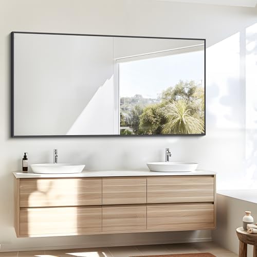 BONEWEI Bathroom Mirror, 30x55 inch Wall Mirror for Bathroom Wall Mounted Black Rectangle Square Corner Mirrors, Black Bathroom Mirror for Living Room, Farmhouse, Bedroom Entryway, Horizontal/Vertical
