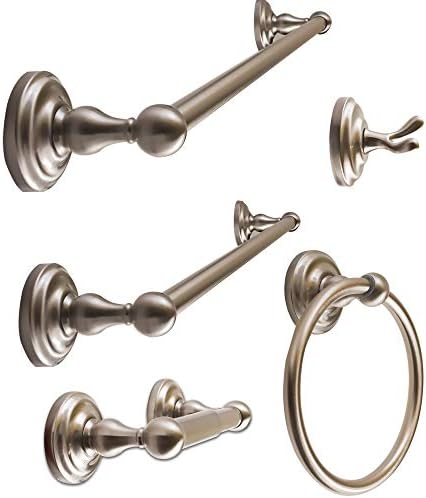 SENTO ROBIKI Nickel Bathroom Accessories Set, Bath Hardware, Includes Robe Hook, Toilet Paper Holder, Towel Ring, 18” & 24” Towel Bar, Duty Metal Bath Hardware Set Wall Mounted (5-Piece, Satin Nickel)