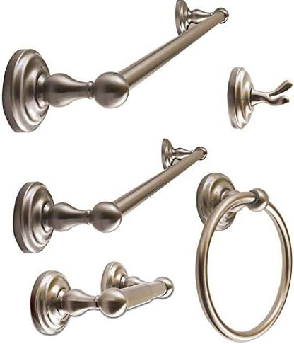 SENTO ROBIKI Nickel Bathroom Accessories Set, Bath Hardware, Includes Robe Hook, Toilet Paper Holder, Towel Ring, 18” & 24” Towel Bar, Duty Metal Bath Hardware Set Wall Mounted (5-Piece, Satin Nickel)