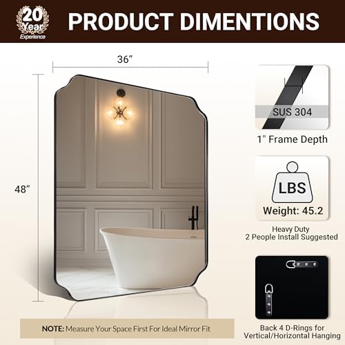 ANDY STAR 36x48 Inch Large Mirror, Matte Black Rectangle Mirror for Wall, Bathroom Mirror in Premium Stainless Steel Metal Thin Frame Deep 1’’, Unique Rounded Scalloped Edge, Vertically/Horizontally