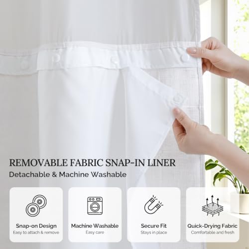 RiverDream Farmhouse No Hooks Shower Curtain with Snap-in Liner,White,71x74