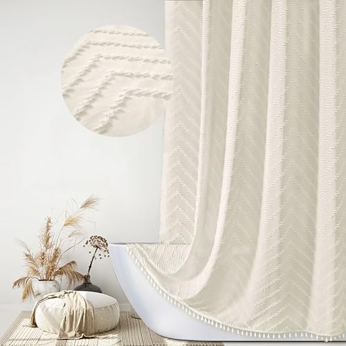 Siiluminisoy Boho Farmhouse Shower Curtain, 72 x 72 Tufted Chevron Textured Striped Modern Farmhouse Minimalist Cream Shower Curtain for Bathroom
