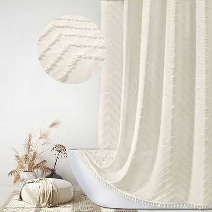 Siiluminisoy Boho Farmhouse Shower Curtain, 72 x 72 Tufted Chevron Textured Striped Modern Farmhouse Minimalist Cream Shower Curtain for Bathroom
