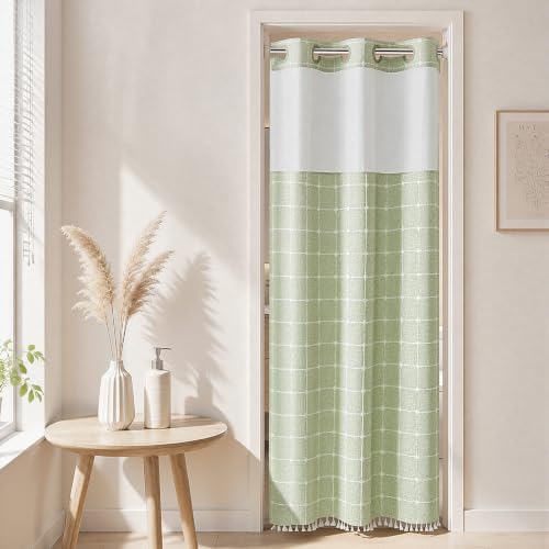 RiverDream Farmhouse No Hooks Shower Curtain with Snap-in Liner,Green,36x74