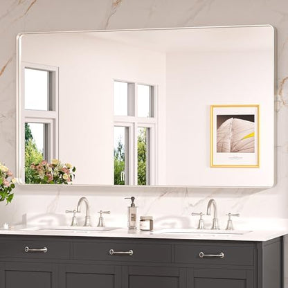 Keonjinn 60 x 36 Inch Brushed Nickel Bathroom Vanity Mirror, Tempered Glass