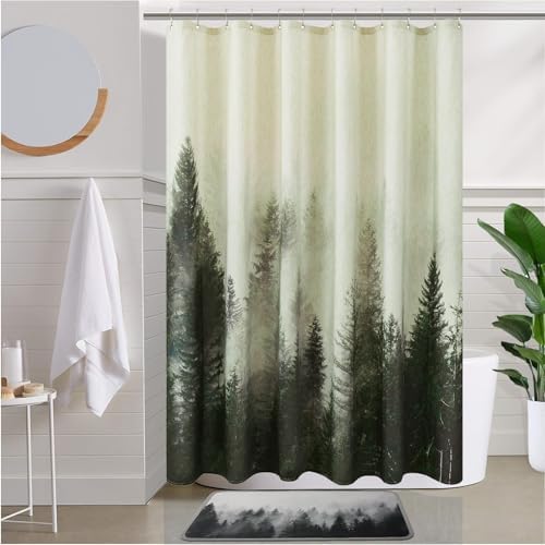 ORTIGIA Green Misty Forest Linen Shower Curtain Nature Mountain Tree Woodland Shower Curtain Set for Bathroom Heavy Blend Fabric Curtains with 10 Metal Hooks 60x72 Inch