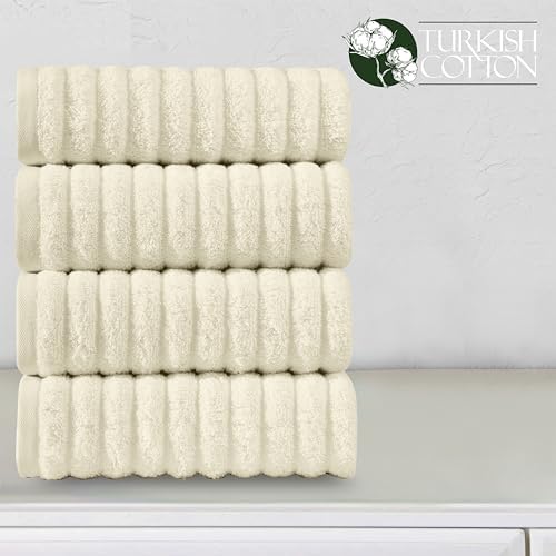 Elegant Comfort Luxury 100% Turkish Cotton Corduroy Ribbed 4 Pack Hand Towel Set 16 x 28 Inch - Absorbent, Super Soft, Quick Dry, Premium Towels for Bathroom, Gym, Spa and Hotel Use, Ivory