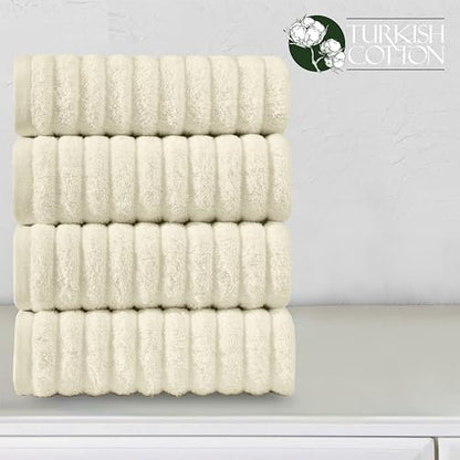 Elegant Comfort Luxury 100% Turkish Cotton Corduroy Ribbed 4 Pack Hand Towel Set 16 x 28 Inch - Absorbent, Super Soft, Quick Dry, Premium Towels for Bathroom, Gym, Spa and Hotel Use, Ivory