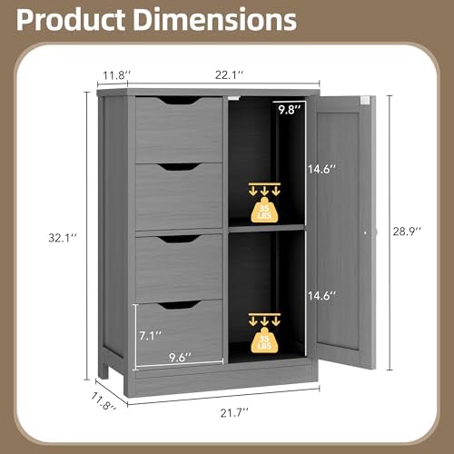Walsunny Bathroom Floor Storage Cabinet, Wooden Storage Organizer with 4 Drawers and 1 Cupboard, Freestanding Entryway Storage Unit Console Table, Gray