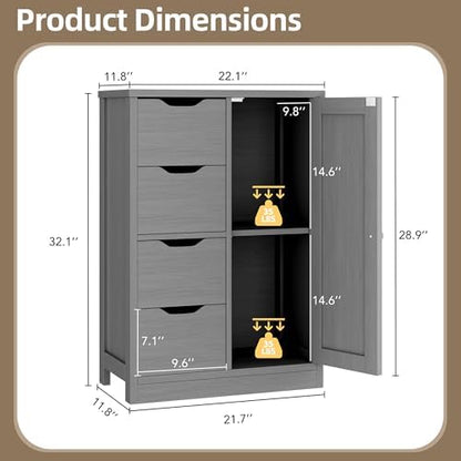 Walsunny Bathroom Floor Storage Cabinet, Wooden Storage Organizer with 4 Drawers and 1 Cupboard, Freestanding Entryway Storage Unit Console Table, Gray