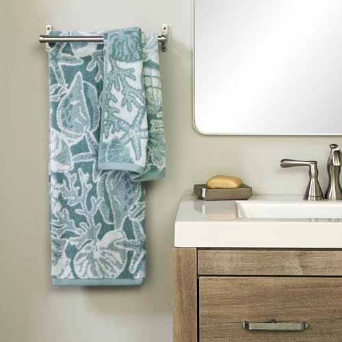 SKL Home South Seas Shell Bath Towel, 100% Cotton Jacquard, Teal/White